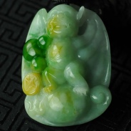 糯冰种黄加绿缅甸翡翠“鸿福齐天”挂件