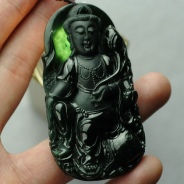冰种墨翠缅甸翡翠莲花观音挂件
