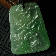 冰种阳绿飘翠缅甸翡翠松鹤延年挂件