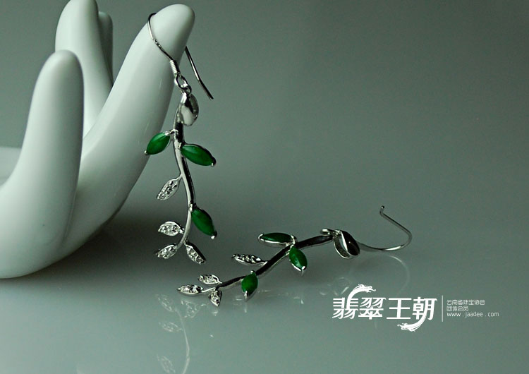 糯冰种阳绿满绿包925银镀金缅甸翡翠金枝玉叶耳坠