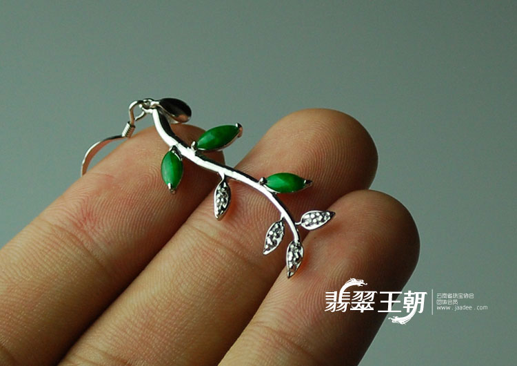 糯冰种阳绿满绿包925银镀金缅甸翡翠金枝玉叶耳坠