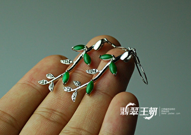 糯冰种阳绿满绿包925银镀金缅甸翡翠金枝玉叶耳坠