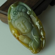 糯冰种黄翡蓝晴水缅甸翡翠观音头挂件