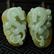 糯冰种黄翡缅甸翡翠龙成大业挂件（一对）