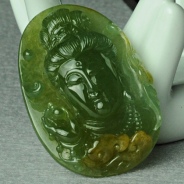 糯冰种蓝水黄翡缅甸翡翠观音头挂件