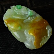 糯冰种黄加绿三彩缅甸翡翠福寿如意挂件