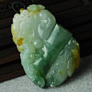 糯冰种黄翡飘花缅甸翡翠喜富贵挂件