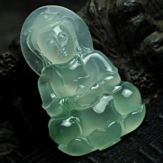 冰玻种飘花缅甸翡翠观音挂件