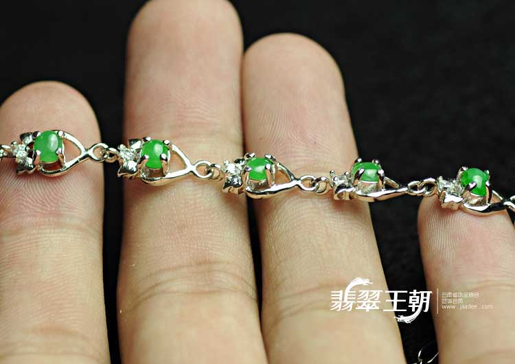 冰种阳绿缅甸翡翠满绿镶925银镀白金手链