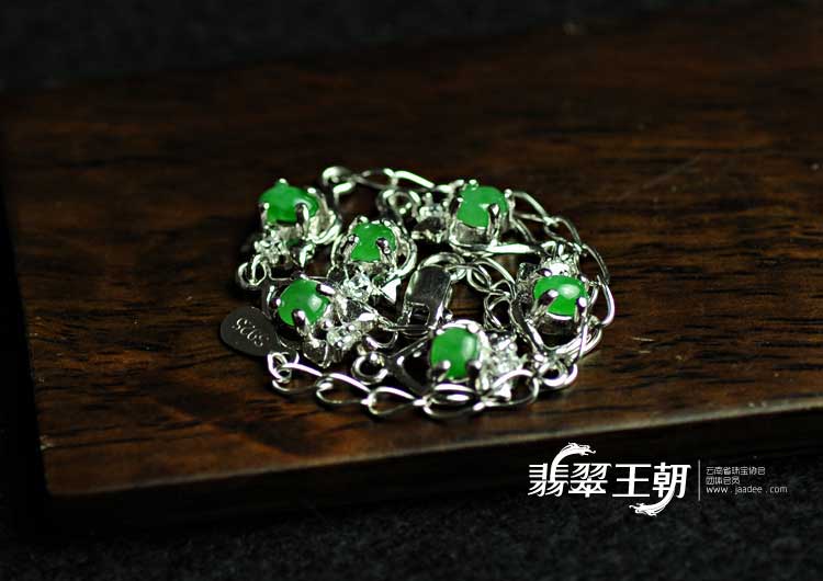 冰种阳绿缅甸翡翠满绿镶925银镀白金手链