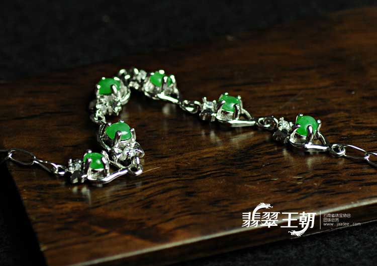 冰种阳绿缅甸翡翠满绿镶925银镀白金手链