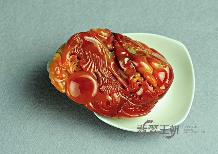 糯冰种紅翡缅甸翡翠丹凤朝阳手玩件