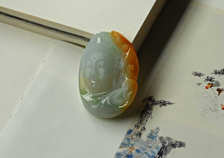 糯冰种黄加绿缅甸翡翠释迦牟尼挂件