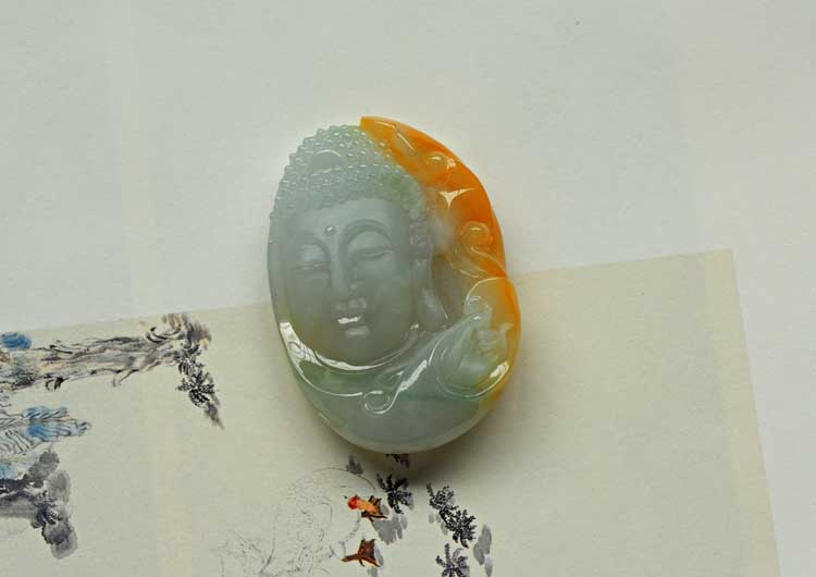 糯冰种黄加绿缅甸翡翠释迦牟尼挂件