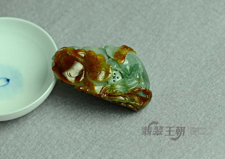 糯冰种红黄翡飘花缅甸翡翠双喜临门挂件