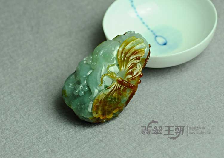 糯冰种红黄翡飘花缅甸翡翠双喜临门挂件