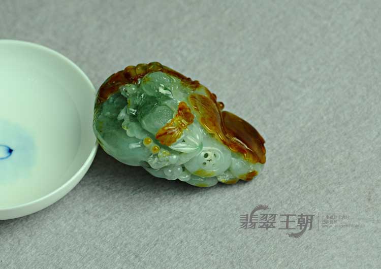 糯冰种红黄翡飘花缅甸翡翠双喜临门挂件