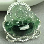 冰玻种油青缅甸翡翠镶白金玉佛挂件
