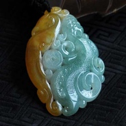 糯冰种蓝水黄翡缅甸翡翠仿古龙凤牌挂件