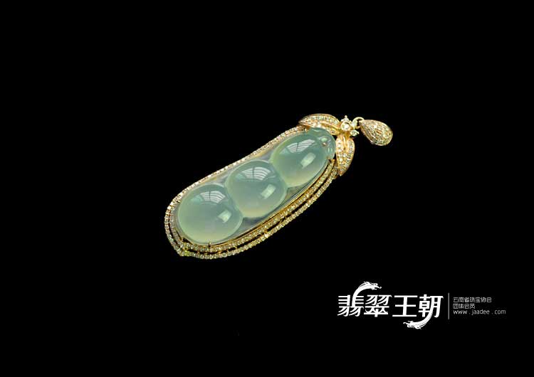 冰玻种晴水缅甸翡翠镶玫瑰金四季豆胸坠