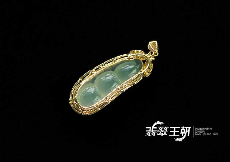 冰玻种晴水缅甸翡翠镶玫瑰金四季豆胸坠