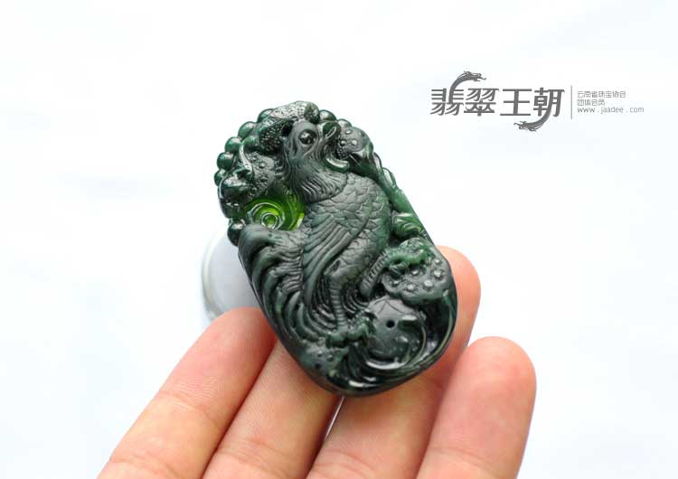 细糯种墨翠缅甸翡翠冠上加官挂件