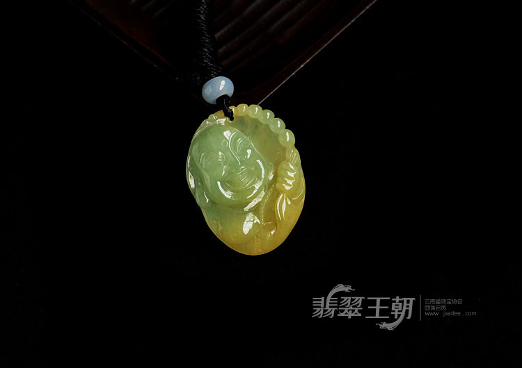 糯冰种黄带绿缅甸翡翠弥勒头挂件