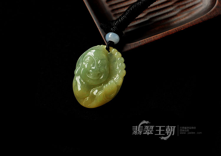 糯冰种黄带绿缅甸翡翠弥勒头挂件