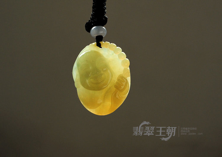 糯冰种黄带绿缅甸翡翠弥勒头挂件