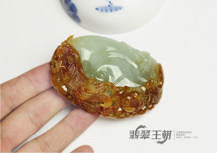 糯冰种红黄翡缅甸翡翠丹凤朝阳手玩件