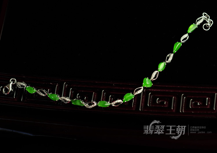 冰玻种正阳绿满绿缅甸翡翠镶白金手链