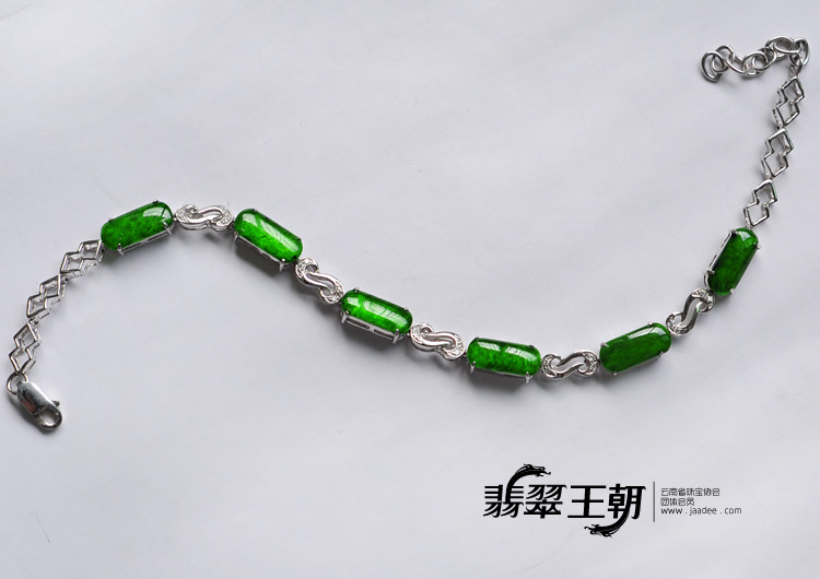 冰玻种正阳绿满绿缅甸翡翠镶白金手链