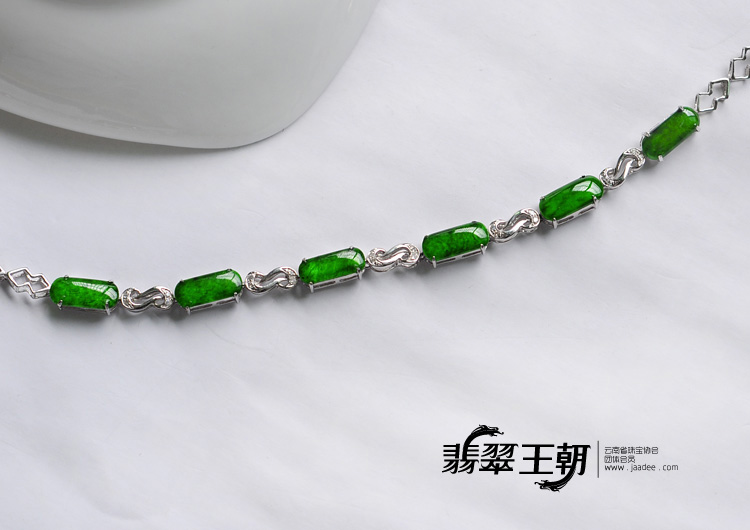 冰玻种正阳绿满绿缅甸翡翠镶白金手链