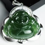 冰种蓝晴水缅甸翡翠镶白金玉佛挂件