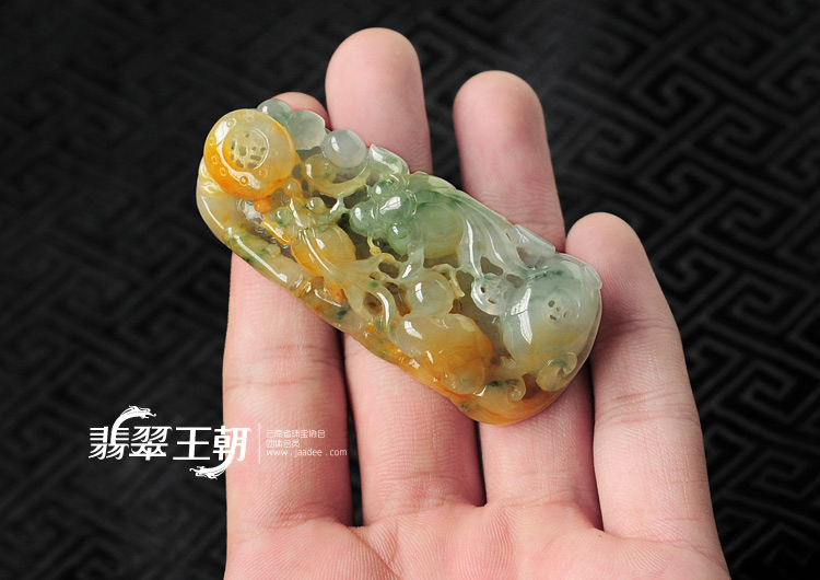 糯冰种黄翡飘花缅甸翡翠金玉满堂挂件