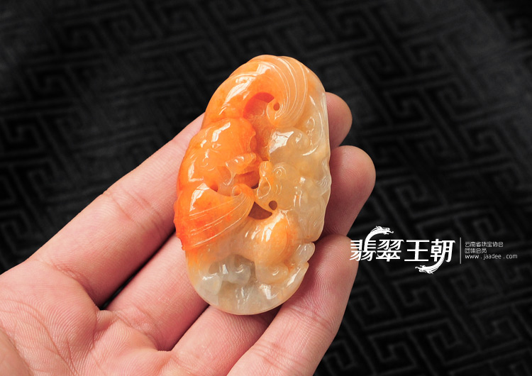 糯冰种红黄翡缅甸翡翠福禄双寿挂件