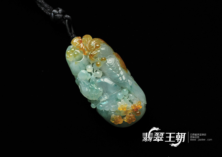 冰种黄翡飘花缅甸翡翠鸟语花香挂件