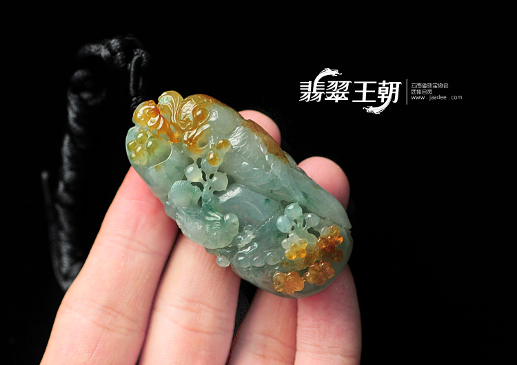 冰种黄翡飘花缅甸翡翠鸟语花香挂件