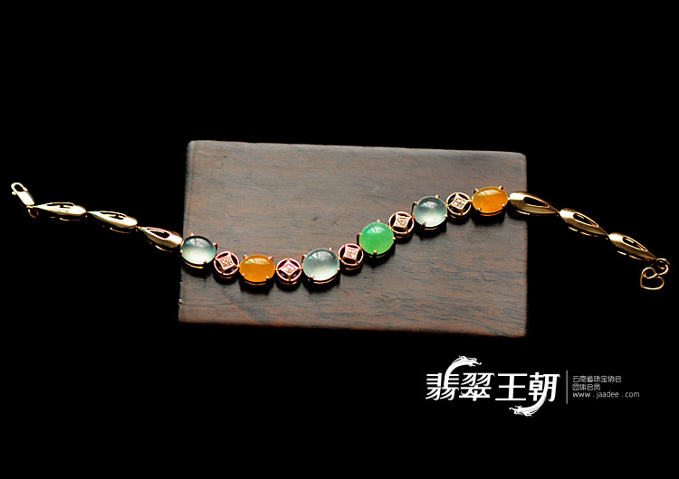 冰玻种三彩缅甸翡翠镶玫瑰金手链