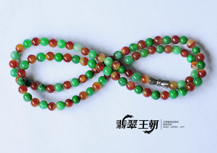 糯冰种红加绿缅甸翡翠项链（100颗）