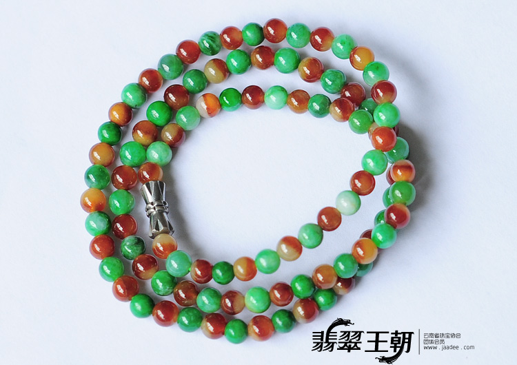 糯冰种红加绿缅甸翡翠项链（100颗）