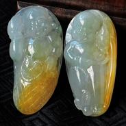 糯冰种黄翡略飘花缅甸翡翠金童玉女挂件(一对)