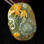 冰种黄翡飘花缅甸翡翠富贵双喜挂件