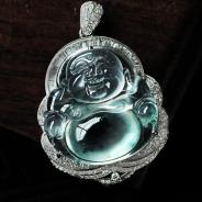 玻璃种飘花缅甸翡翠镶白金玉佛挂件