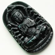 糯冰种墨翠缅甸翡翠千手观音挂件
