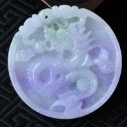 糯冰种紫罗兰飘花缅甸翡翠龙牌挂件