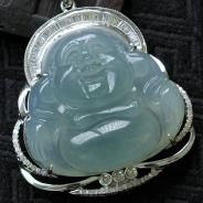 冰种蓝晴水缅甸翡翠镶白金玉佛挂件