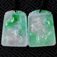 糯冰种飘翠缅甸翡翠福禄寿喜子冈牌挂件（一对）