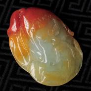 糯冰种红黄翡缅甸翡翠关公头挂件