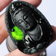 冰种墨翠缅甸翡翠观音头挂件